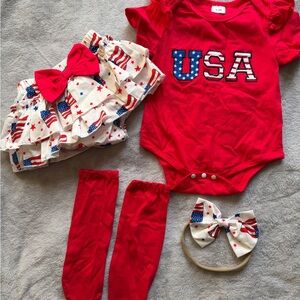 Red, blue and white outfit